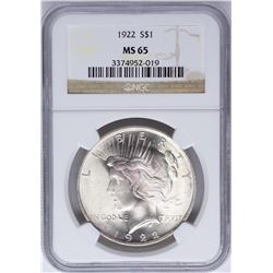 1922 $1 Peace Silver Dollar Coin NGC MS65 Nice Toning