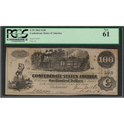 1862 $100 Confederate States of America Note T-39 PCGS New 61