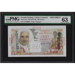 1947-49 French Guiana 100 Francs Specimen Note Pick# 23s PMG Choice Uncirculated
