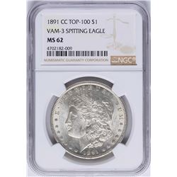 1891-CC $1 Morgan Silver Dollar Coin VAM-3 Spitting Eagle NGC MS62