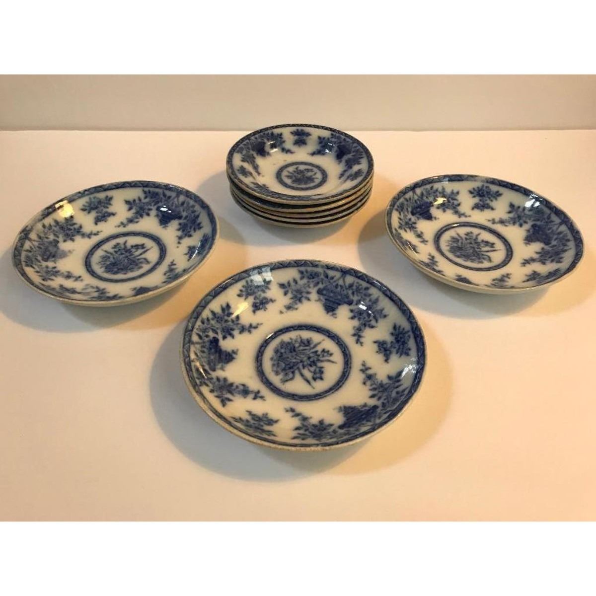 19thc English T Furnival & Sons Flow Blue Bombay Dinnerware Bowls