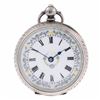 An open face pocket watch. White metal case, stamped