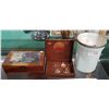Image 1 : SODA SHOP CANNISTER, 2 VINTAGE WOOD BOXES W/MILITARY BADGES