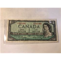 1954 Bank of Canada 1 Dollar OTTOWA in AU+ Condition in Plastic Sleeve Serial # 1901986
