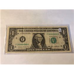 RARE 6 8's Serial # 1985 Older 1 Dollar US Currency Bill UNIQUE Serial # F35888888K in XF Grade