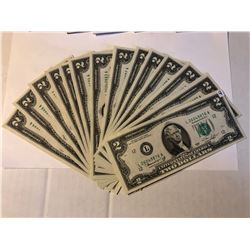 14 1976 Bicentennial $2 Bills Consecutive Serial #'s ALL Crisp UNC Starting L26049876A - L26049889A