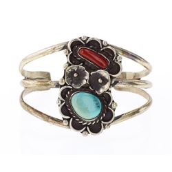 Vintage Turquoise & Coral Flower Bracelet