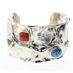 Julian Chavez Turquoise & Coral Hammered Bracelet