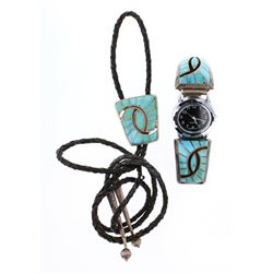 S& IP Zuni Turquoise Inlay Watch Bracelet & Bolo Tie