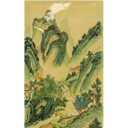 Chinese Watercolor Mountainous Landscape Framed