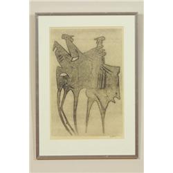  Linoleumcut, Åke Holm, 1 ex., ”Roosters”