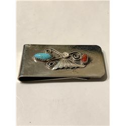Beautiful Sterling Silver Turquoise red Coral Native American Money Clip