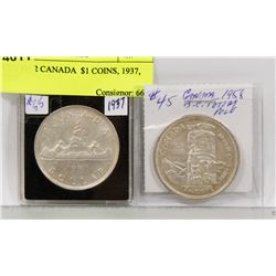 LOT OF 2 CANADA  $1 COINS, 1937, 1958