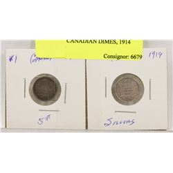 LOT OF 2 CANADIAN DIMES, 1914 AND 1919