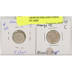 LOT OF 2 NEWFOUNDLAND COINS, 1941 5 CENT AND
