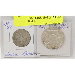 LOT OF 2 USA COINS, 1902 QUARTER AND 1961 HALF
