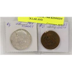 LOT OF 2 USA COINS, 1964 KENNEDY HALF DOLLAR AND