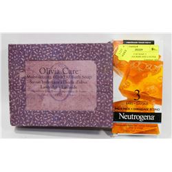 ASSORTMENT OF SOAP, 3 NEUTROGENA BARS AND 2 OLIVIA