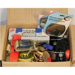 52) BOX OF TIE DOWNS, TOW STRAPS AND MORE.