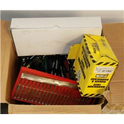 53) BOX WITH SCREW DRIVER SETS AND SAFETY GLASSES.