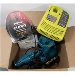 83) BOX OF MAKITA TOOLS AND CHARGERS.