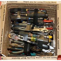80) BOX OF NUT DRIVERS, PLIERS, CRESCENT WRENCHES.