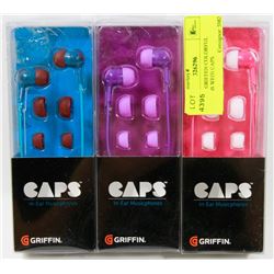 SET OF 3 GRIFFEN COLORFUL EARBUDS WITH CAPS