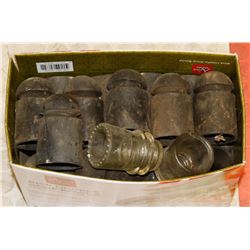 BOX OF ANTIQUE BLACK AND GLASS INSULATORS