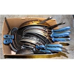 BOX OF ASSORTED FRYING PANS