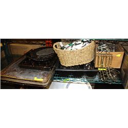 LOT OF ASSORTED BAKING PANS, BASKET W/ SILVERWARE