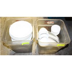 2 BAKERS BINS FULL OF DISHES CUPS & SAUCERS