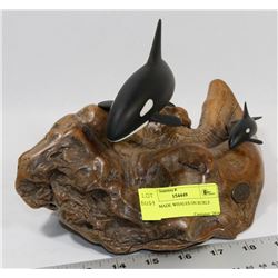 HAND MADE WHALES ON BURLE WOOD