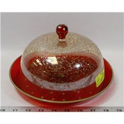 RED & GOLD CAKE DOME GLASS FROM ROMANIA.