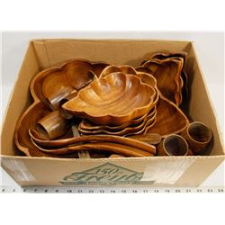 VINTAGE CARVED WOOD LEAF BOWL SET AND GOBLETS.