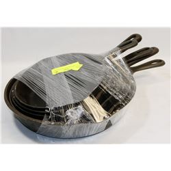 SET OF 5 CAST IRON FRYING PANS.