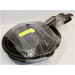 SET OF 5 CAST IRON FRYING PANS.