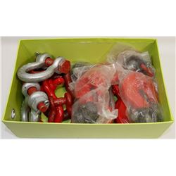 BOX OF NEW CHAIN HOOKS AND CLEVISES. 16 PCS.