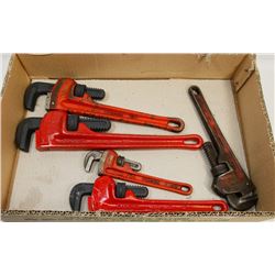SET OF 5 RIDGID HEAVY DUTY PIPE WRENCHES.