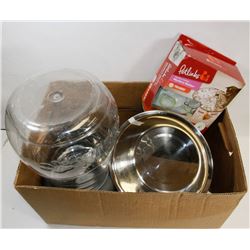 BOX OF PET SUPPLIES INCL WATERER, DISHES & MORE