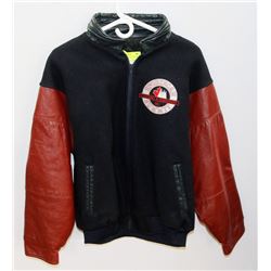 NEW SIZE 44 LEATHER SLEEVED BOMBER JACKET.