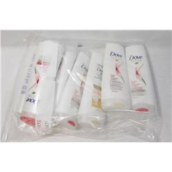 BAG OF ASSORTED DOVE SHAMPOOS AND CONDITIONERS