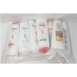 BAG OF ASSORTED DOVE SHAMPOOS AND CONDITIONERS