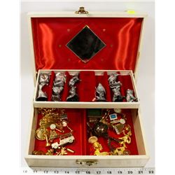 VINTAGE JEWELRY BOX FULL OF PEWTER AND BRASS