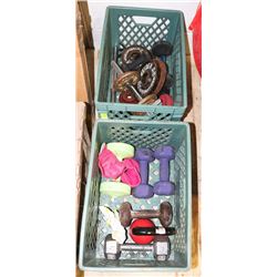 2 TOTES OF  WEIGHTS AND DUMBELLS