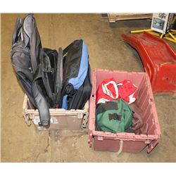 2 TOTES OF LUGGAGE BAGS AND BACKPACKS