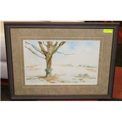 FRAMED PICTURE OF TREE/SNOWY FIELD BY ARTIST