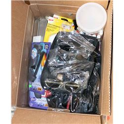 BOX OF NEW SUNGLASSES, LIP GLOSS, CANDLE LIGHTERS