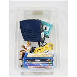 RUBBERMAID TUB WITH DVD AND MISC