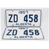 MATCHING SET OF 2 ALBERTA 1957 LICENSE PLATES.