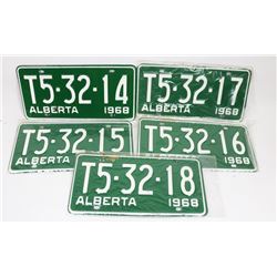 5 CONSECUTIVE NEW OLD STOCK 1968 ALBERTA PLATES